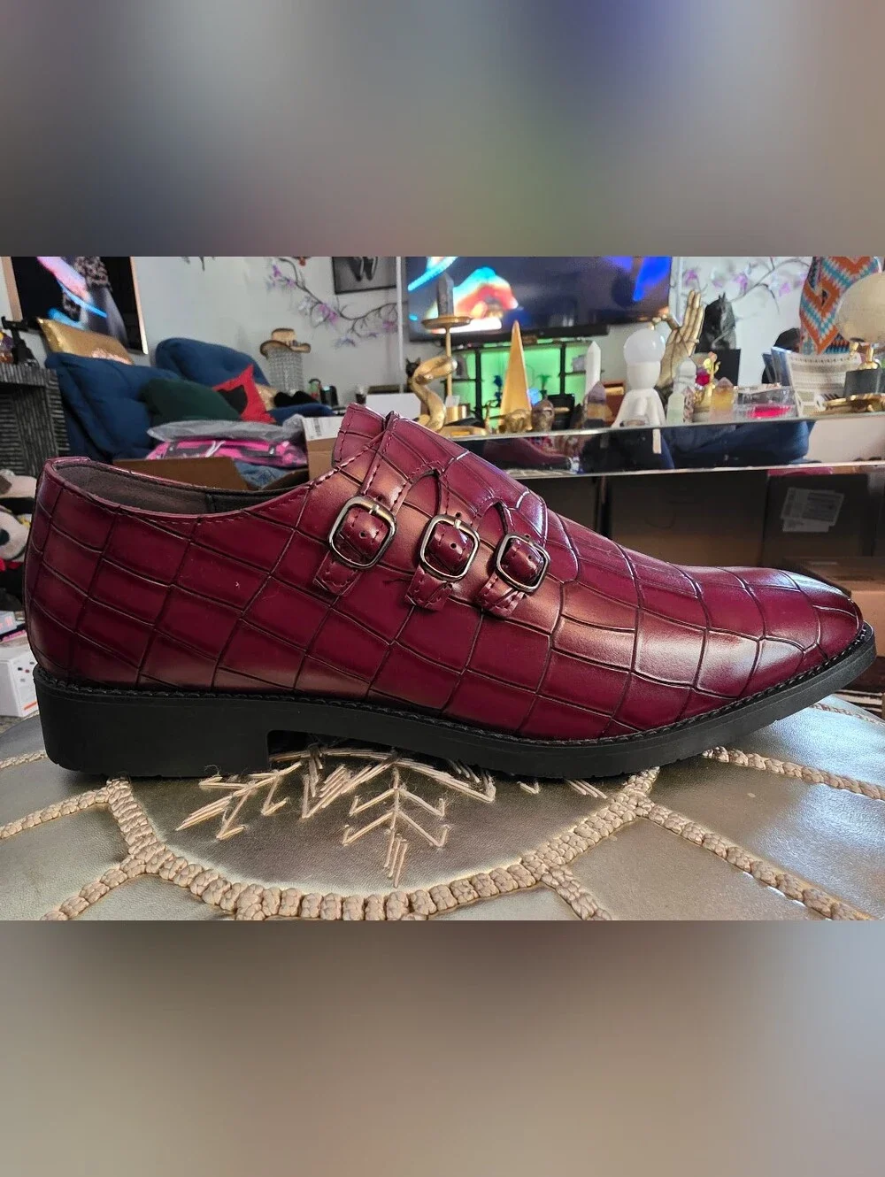 Men's Burgundy Croc-Embossed Triple Monk Strap Dress Shoe